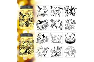 Peacoblue Hummingbird and Flowers Silhouette Cutouts for Jars Mason Can Glass Wishing Bottle Decor(No Stickers), 12Pcs Reusable Silhouette DIY Craft Kit for Lantern Art Home Garden