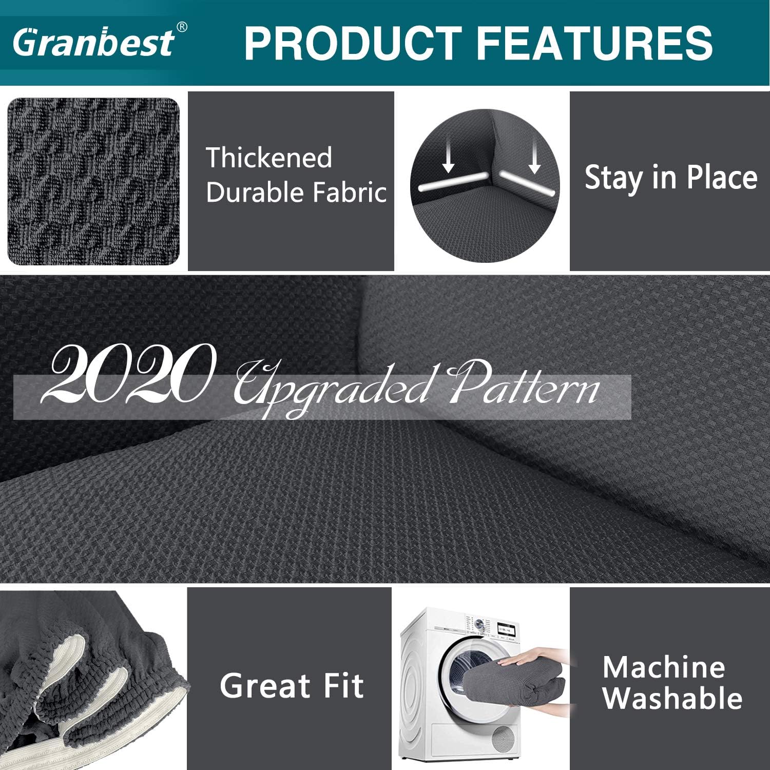 Granbest Thick Sofa Covers for 3 Cushion Couch Stylish Pattern Couch Covers for Sofa Stretch Jacquard Sofa Slipcover for Living Room Dog Pet Furniture Protector (Large, Gray): Furniture & Decor