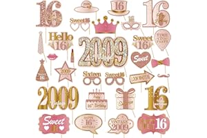 Kuxriox 30Pcs 16th Birthday Photo Booth Props for Girls Women, Pink Rose Gold Vintage 2009 16 Birthday Selfie Props Kit with Sticks Party Supplies Favors, Sixteen Bday Photo Props Decor