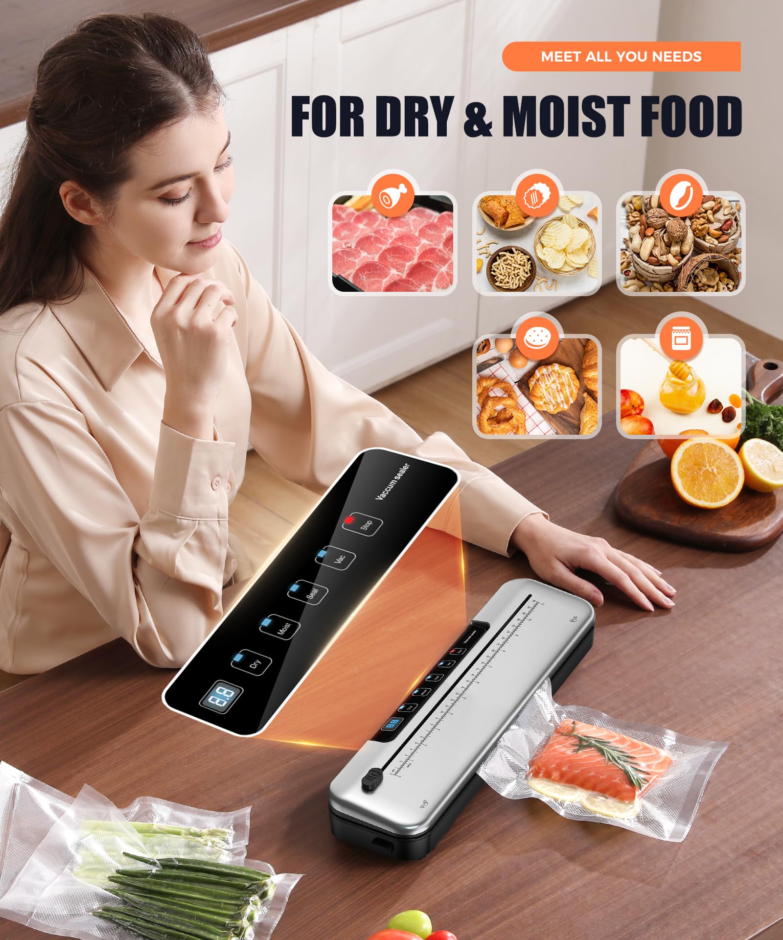75kPa Compact Vacuum Sealer Machine For Food, 6-in-1 Sous Vide Vacuum Sealing Machine with Starter Kits, External Sliding Blade, Digital Countdown Timer, Silver