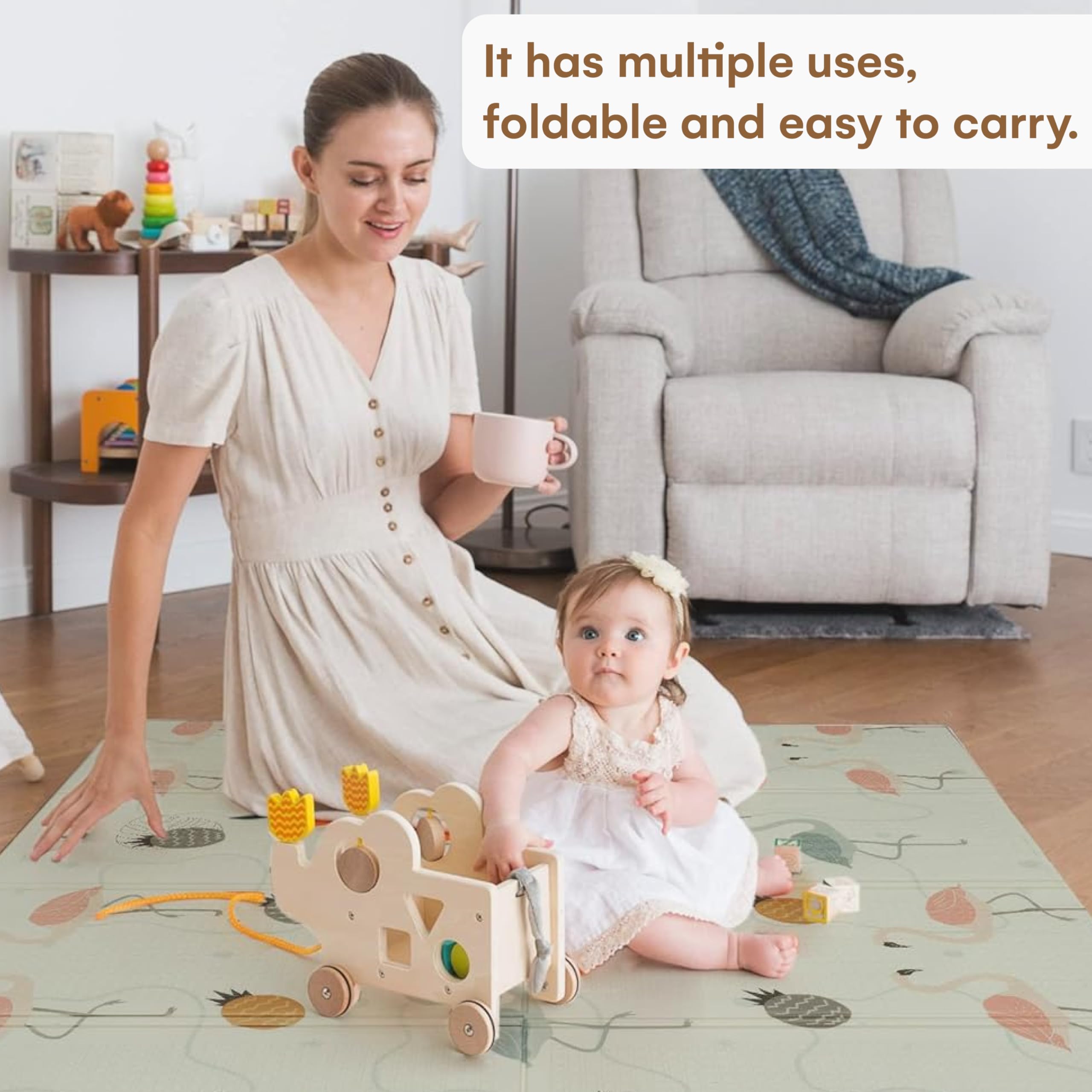 CHILDLIKE BEHAVIOR Baby Play Mat - 78x52-Inch Reversible Tummy Time Mat for Infants and Toddlers - Foldable Foam Baby Floor Play Mat - Portable and Easy to Clean Padded Crawling Mat - Flamingo