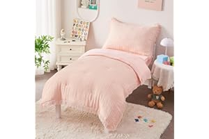 DECMAY Pink Toddler Comforter Set for Girls Baby Toddler Bedding Set with Tassel Fringes & Jacquard Stripes 4 Pieces Pink Crib Comforter with Fitted Sheet, Flat Sheet, Pillowcase