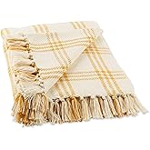 DII Modern Farmhouse Plaid Collection Cotton Fringe Throw Blanket, 50x60, White/Honey Gold