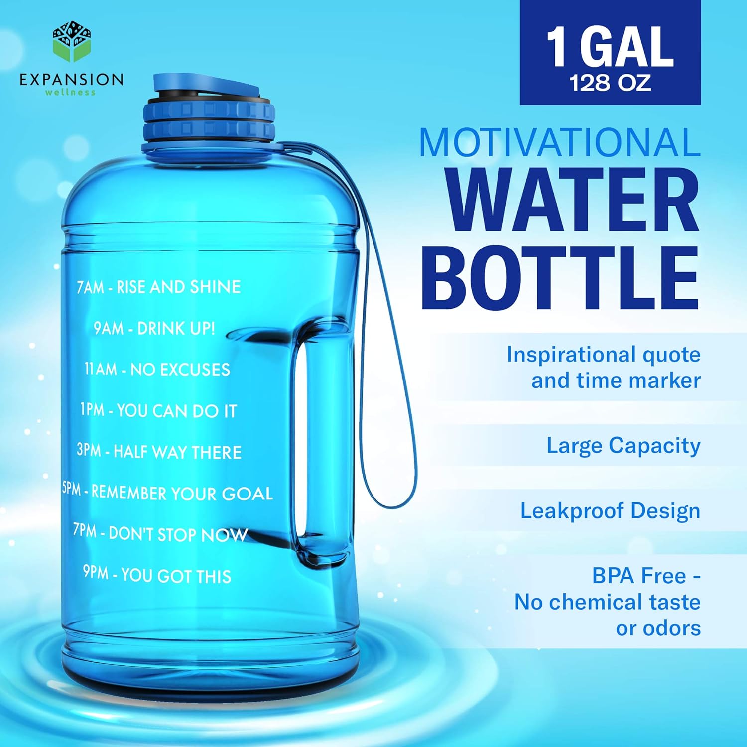 Motivational Water Bottle with Time Marker & Hourly Hydration Measurements – BPA Free & Non Toxic Large Sports Fitness Bottle Jug with Wide Mouth – Ensure You Drink Enough Water (Blue): Sports & Outdoors