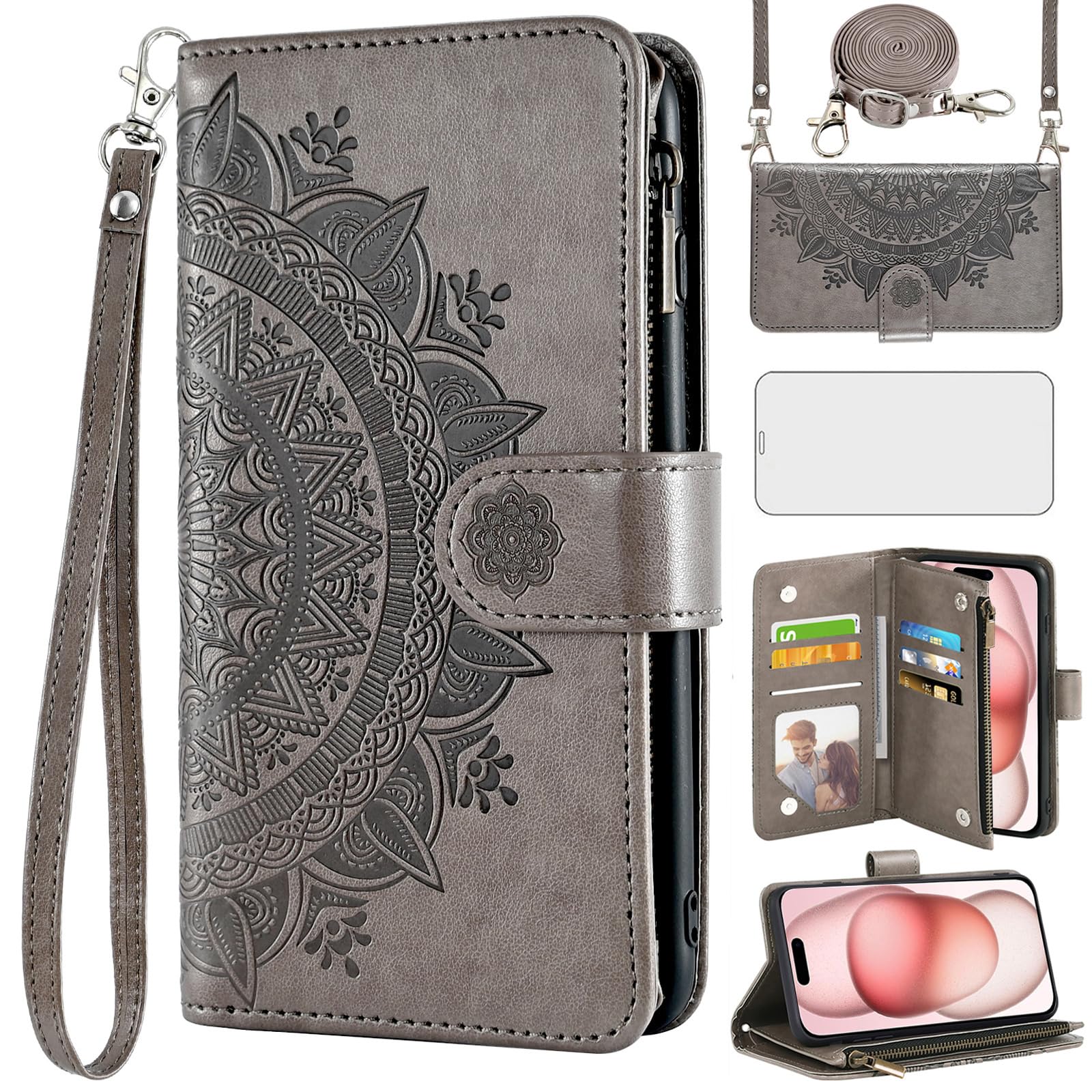 Asuwish Phone Case for iPhone 15 Plus 6.7 inch Wallet Flip Cover with Tempered Glass Screen Protector and Mandala Flower Card Holder Cell i-Phone 15+ iPhone15Plus 5G i i15 + iPhone15 15Plus Gray