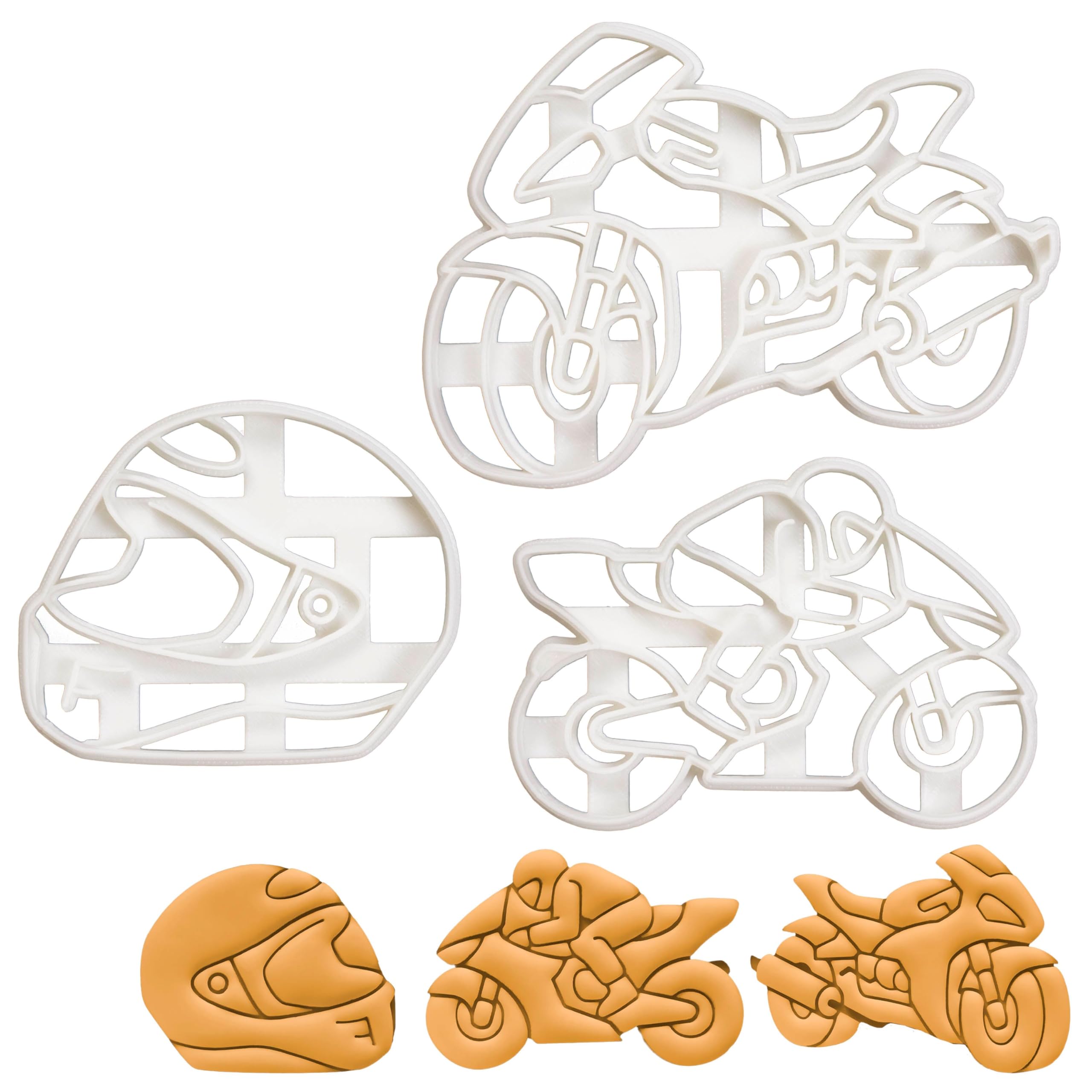 BAKERLOGY Set of 3 Motorcycle Cookie Cutters (Design: Helmet, Rider, and Motorbike) - Detailed Biscuit Cutter Design for Baking and Crafts, Ideal on Fondant, Dough, Clay