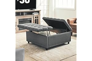 REDLIFEᅟᅠ Redlife 35 Inch Large Square Storage Ottoman Bench, Storage Ottoman Coffee Table Large Square Ottoman with Storage Lift Top Tufted Storage Ottoman for Living Room (Dark Grey)