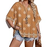 IN'VOLAND Plus Size 3/4 Sleeve Womens Blouse Boho Tops Summer V Neck Casual Loose Fit Tunic Beach Vacation Outfits 1X-5X