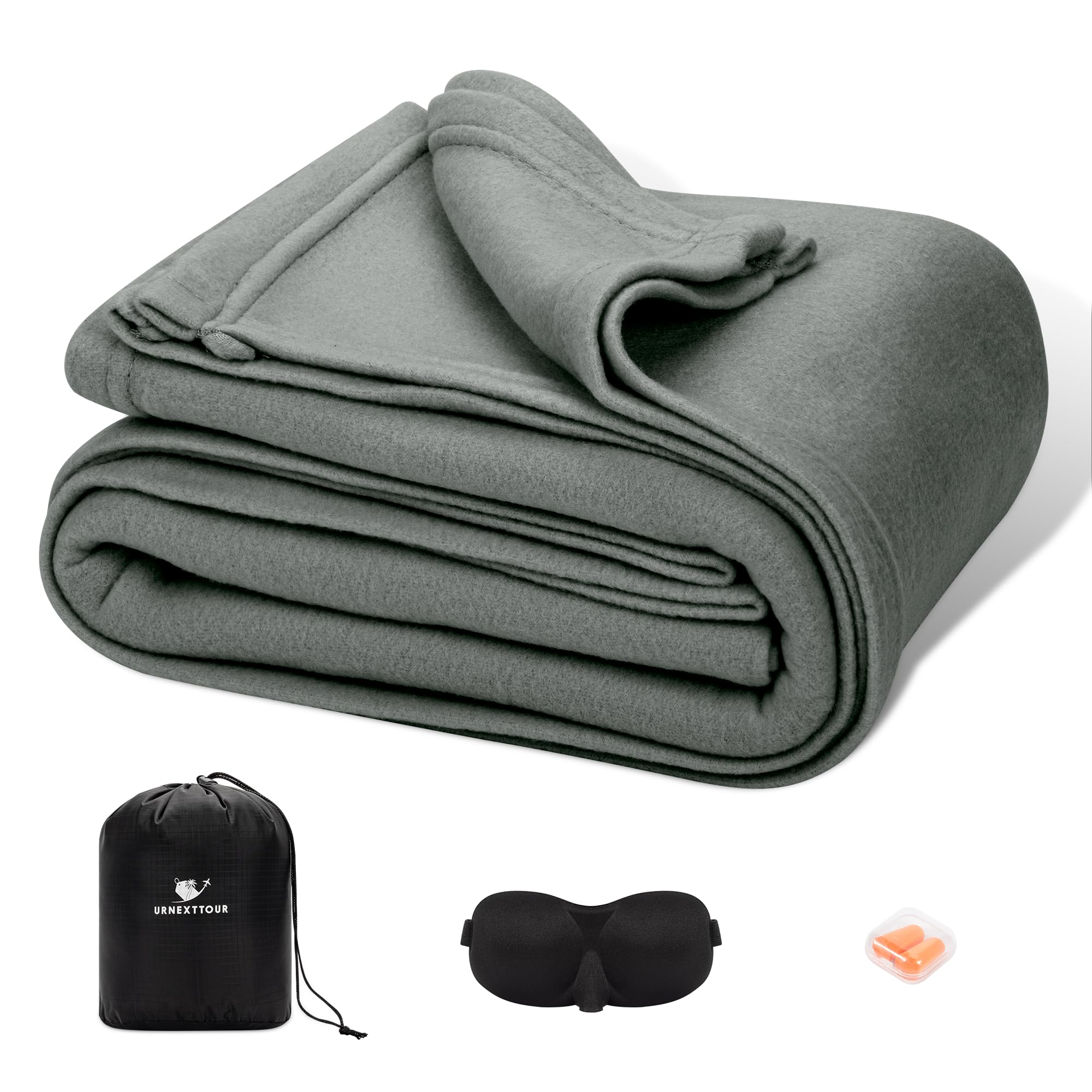 Photo 1 of urnexttour Travel Blanket Airplane Compact with Bag Sleep Mask and Earplug, 50" x60" Fleece Throw Blanket Travel Accessories Flight Essentials Set for Traveling Plane Car Office Sleeping, Grey