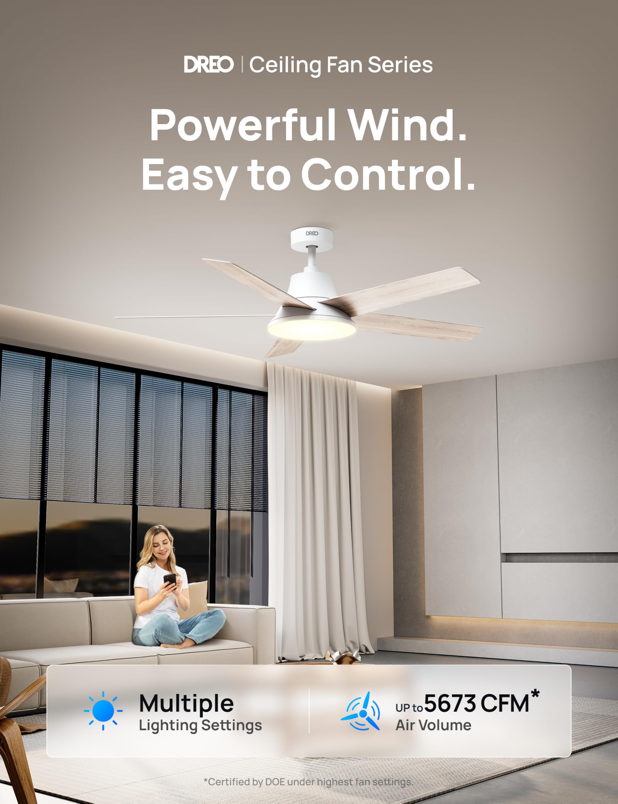 Dreo Smart Ceiling Fan with Lights, 52 Inch, 12 Speeds & 3 Fan Modes, Stepless Color Tones, Dimmable LED Light, 12H Timer, Quiet DC Motor, Remote/APP/Alexa Control, White Ceiling Fans Indoor