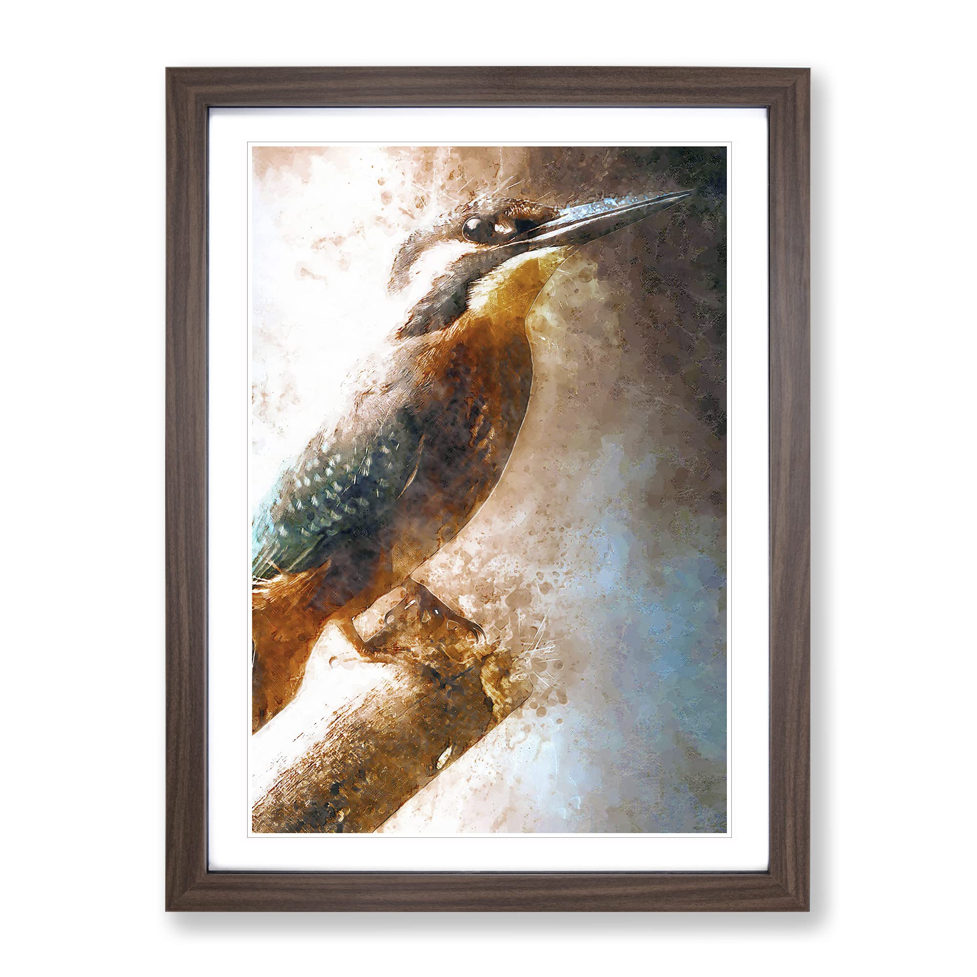 Beautiful Kingfisher Bird In Abstract Modern Framed Wall Art Print, Ready to Hang Picture for Living Room Bedroom Home Office Décor, Walnut A4 (34 x 25 cm)