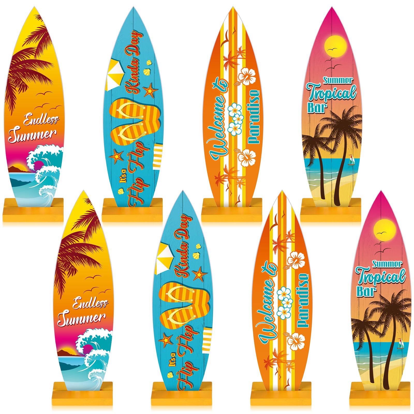 Photo 1 of Blulu 8 Pcs Surfboard Table Decorations Beach Signs Welcome to Paradise Sign Tropical Bar Table Centerpieces Endless Summer Wood Sign Flip Flop Letters for Home Decor(12.6 x 3.66 Inch)