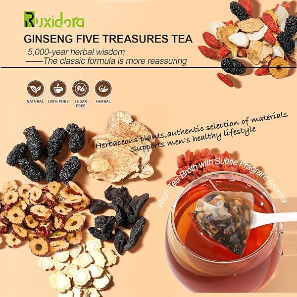 GINSENG FIVE TREASURES TEA KIDNEY TEA | 25 ORGANIC TEA BAGS,TRADITIONAL CHINESE HERBS BLEND | NATURAL WELLNESS SUPPORT WITH RED DATES & WOLFBERRY | CAFFEINE-FREE & ADDITIVE-FREE