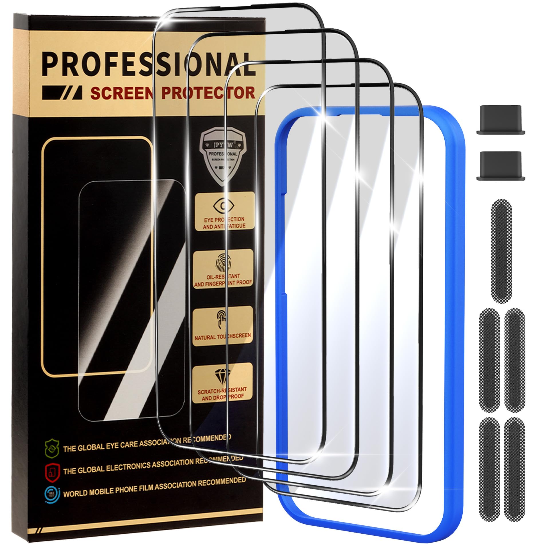 jpyyw 4 Pack for iPhone 16 Pro Screen Protector, Military-Grade Shatterproof, 9H Hardness, Full Coverage Tempered Glass for iPhone 16 Pro-6.3 inch with Install Frame