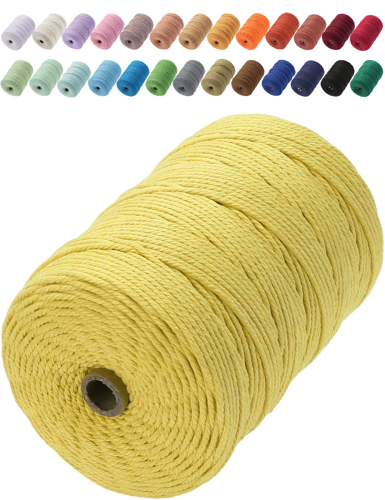 GOHOF Macrame Cord 3mm x 200m Premium Cotton Macrame Rope, 4 Strand Twisted Soft Cotton Cord, One of The Most Perfect Materials for Macrame Art, Cotton String Without Chemicals (Yellow) — image 1