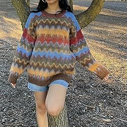 Women Y2K Argyle Striped Pullover Sweater Casual
