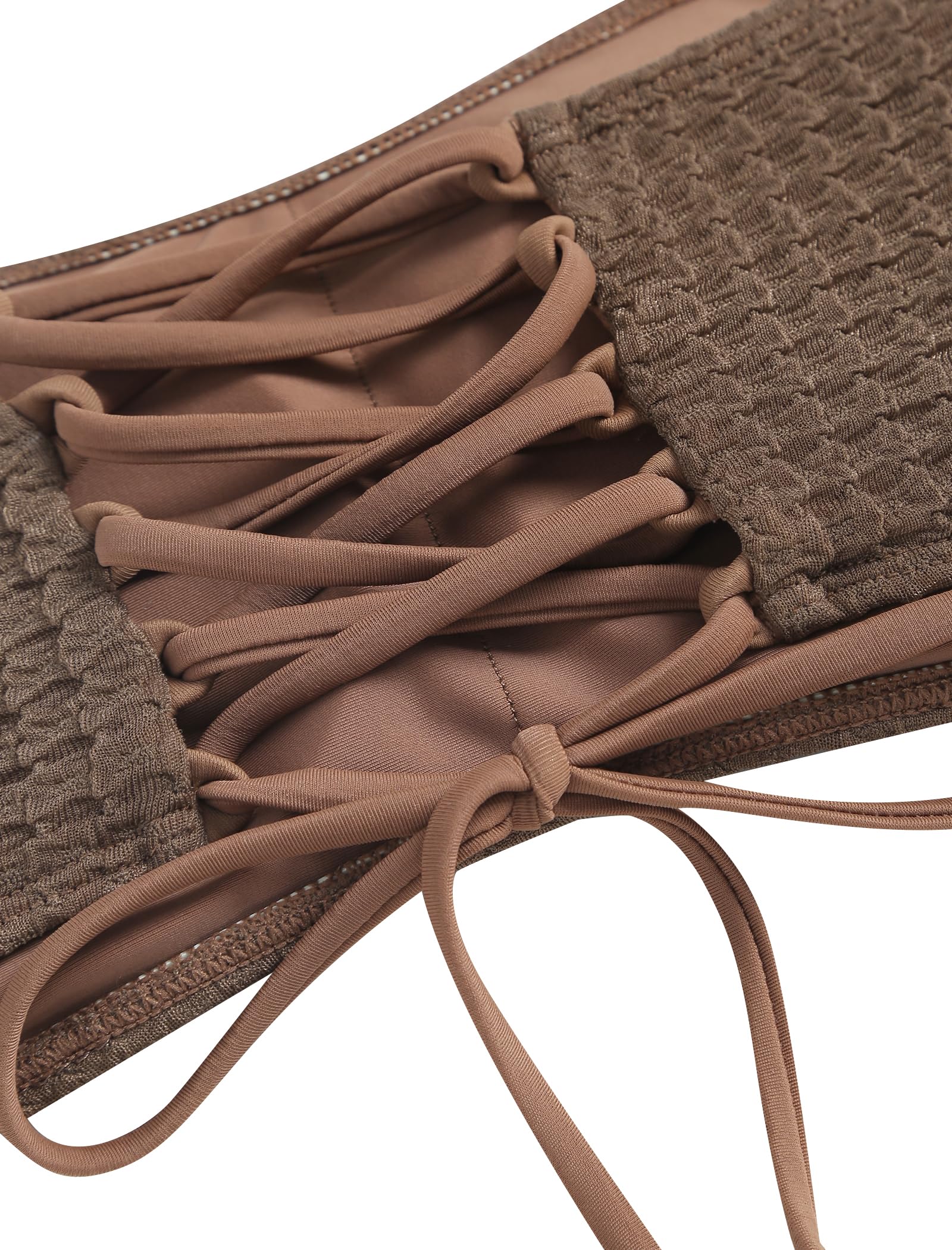 ZAFUL Women's Textured Bandeau Bikini Strapless Solid Color 2 Pieces Bathing Back Lace-up Suit Swimsuit (7-Brown,M) - Image 5