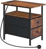 HOOBRO Narrow Bedside Table with Charging Station Rustic Brown Black EBF486KBZ01