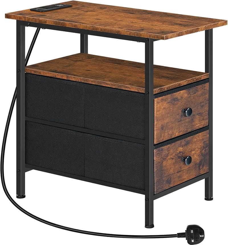 HOOBRO Narrow Bedside Table with Charging Station Rustic Brown Black EBF486KBZ01