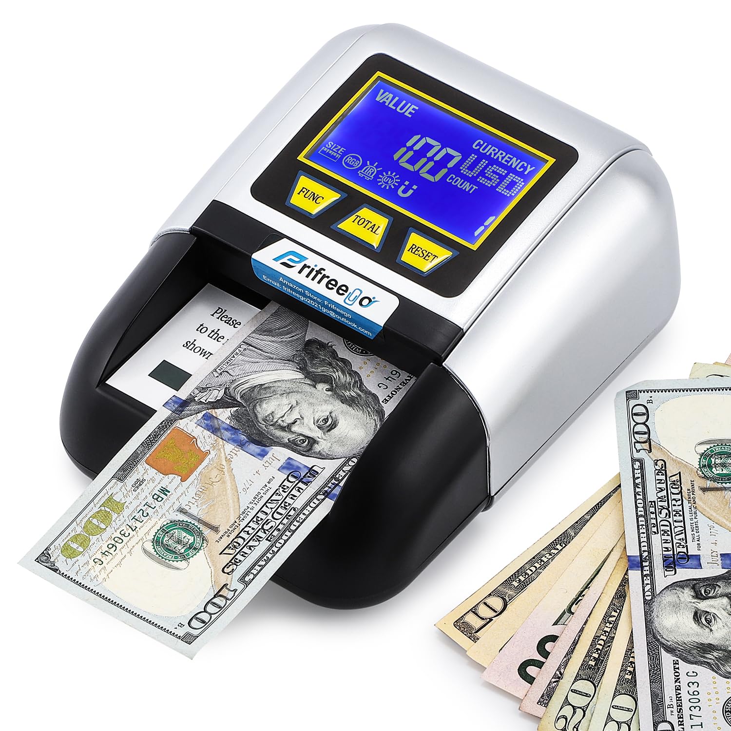 Photo 1 of Frifreego Portable Counterfeit Bill Detector, Rechargeable Fake Bill Detector 4-Way Detection, for Multiple Currencies with Value Display, Commercial Grade Bill Detector Alertable