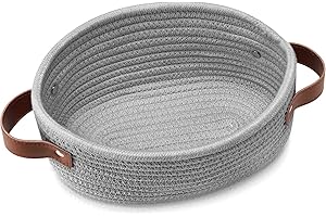 ABenkle Small Woven Basket, Mini Cotton Rope Storage Baskets, Tiny Easter Basket, Shelf Basket, Oval Decorative Toy Dog Cat Bin for Nursery, Empty Gift Basket, 9.4" x 5.9" x 3.9" XS