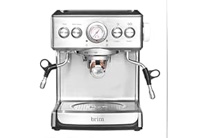 brim 19 Bar Espresso Machine, Fast Heating Cappuccino, Americano, Latte and Espresso Maker, Milk Steamer and Frother, Removable Parts for Easy Cleaning, Stainless Steel with Wood Accents