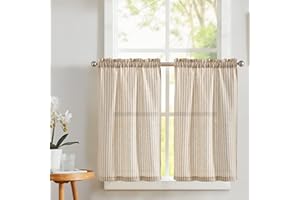 Vangao Stripe Farmhouse Kitchen Curtains 24 Inch Length Linen Cafe Curtains Tickingstripe Tier Drapes Pinstripe Semi-Sheer Window Treatments Rod Pocket 2 Panels Taupe on Beige