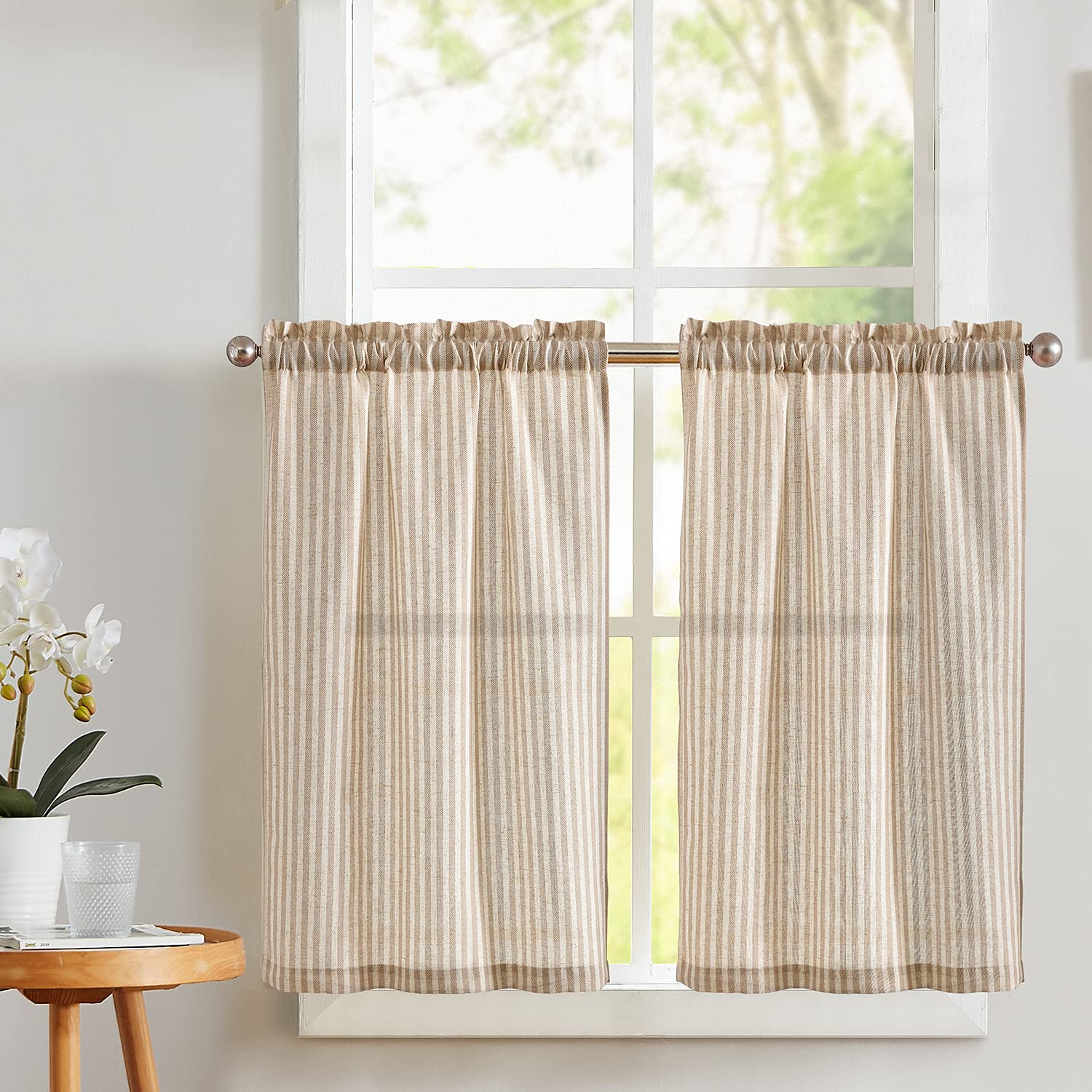 Photo 1 of Vangao Stripe Farmhouse Kitchen Curtains 24 Inch Length Linen Blend Cafe Curtains Tickingstripe Tier Drapes Pinstripe Semi-Sheer Small Window Treatments Rod Pocket 2 Panels Taupe on Beige