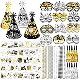 HOWAF New Year Eve Party Supplies 2026, Black Gold Silver Happy New Year 2026 Cone Hats New Years Eve Hats 2026 Glasses Party Blowouts Tattoos Bead Necklaces NYE Party Favors 2026 Decorations