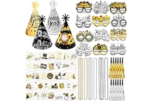 HOWAF New Year Eve Party Supplies 2026, Black Gold Silver Happy New Year 2026 Cone Hats New Years Eve Hats 2026 Glasses Party Blowouts Tattoos Bead Necklaces NYE Party Favors 2026 Decorations
