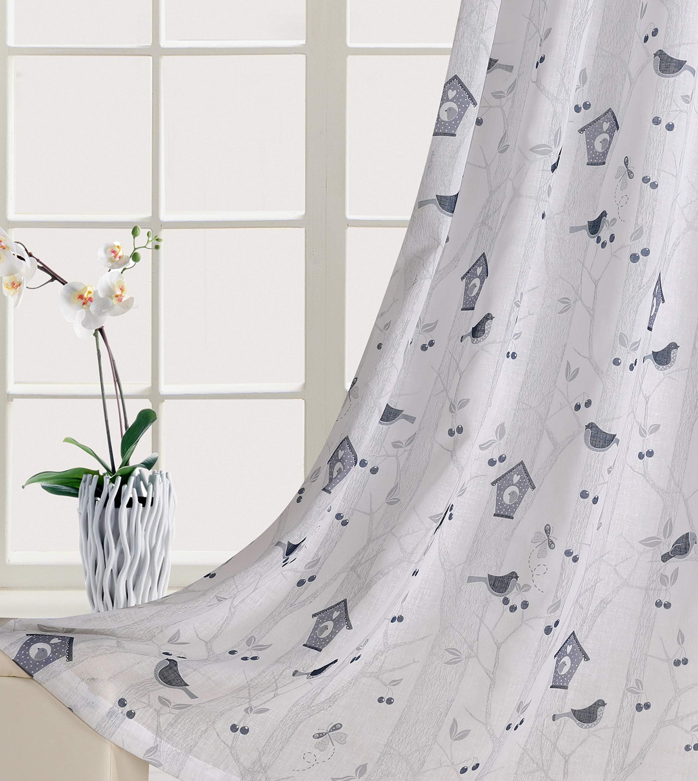 Romantic Cartoon Theme Draperies 2 Panels Grommet Top Window Treatment with Lovely Birds Butterfly in Forest Thin and Soft Curtains for Living Room/Kids 84 inch Length White Base with Blue and Grey