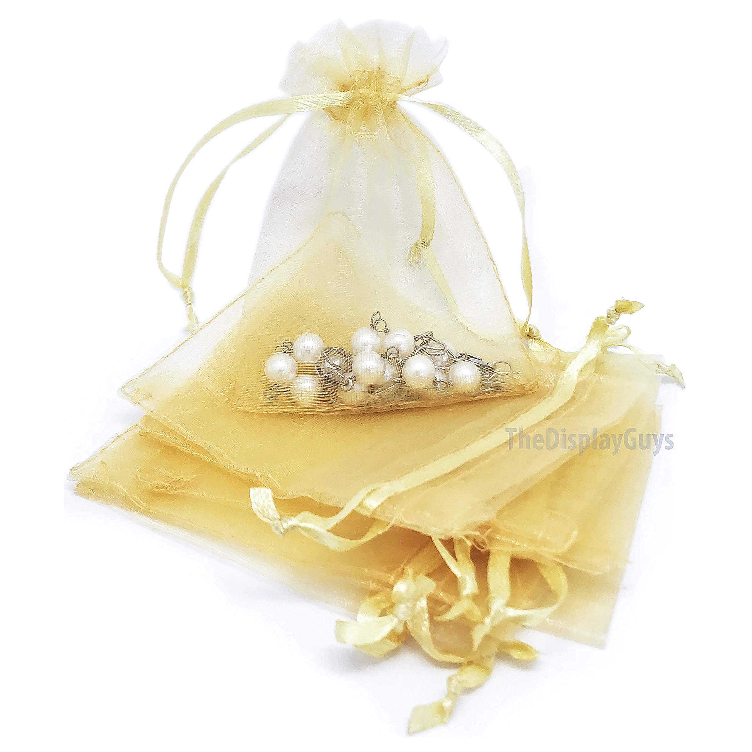 TheDisplayGuys 100-Pack 10x7.5cm Gold Sheer Organza Gift Bags with Drawstring, Jewelry Candy Treat Wedding Party Favors Mesh Pouch
