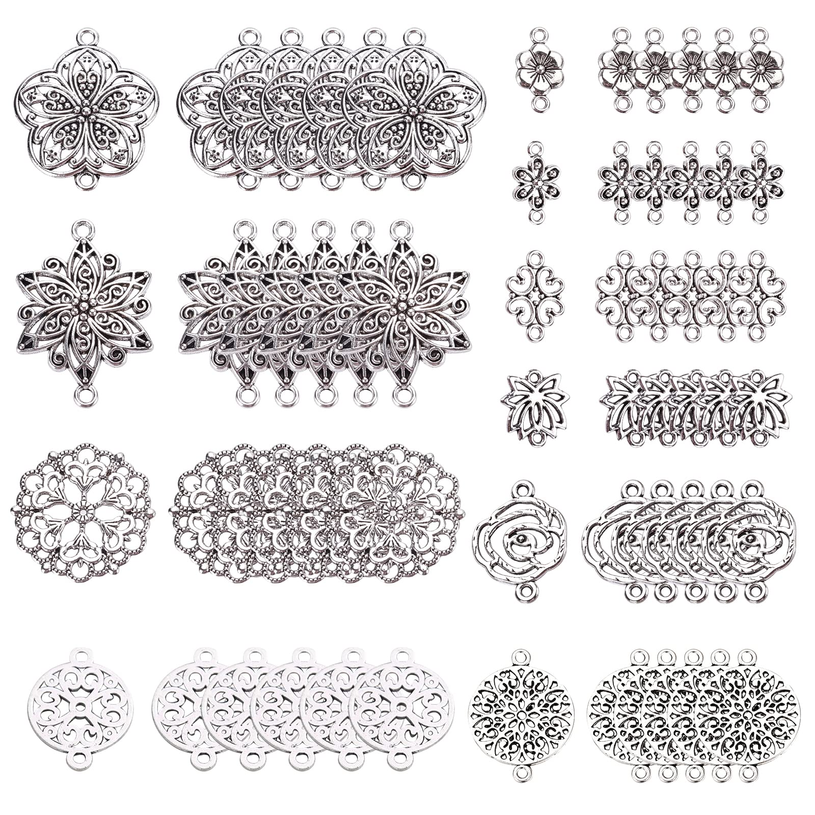 SUNNYCLUE 1 Box 60pcs 10 Styles Clover Flower Connector Charms Findings Chakra Triangle Craft Supplies for DIY Jewelry Bracelet Necklace Earring Making Crafting Accessories, Antique Silver