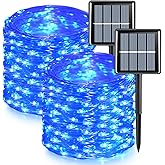 QITONG Blue Solar Fairy Lights, 2 Pack Each 66ft 200 LED Outdoor String Lights, Silver Wire Solar Christmas Lights with 8 Modes
