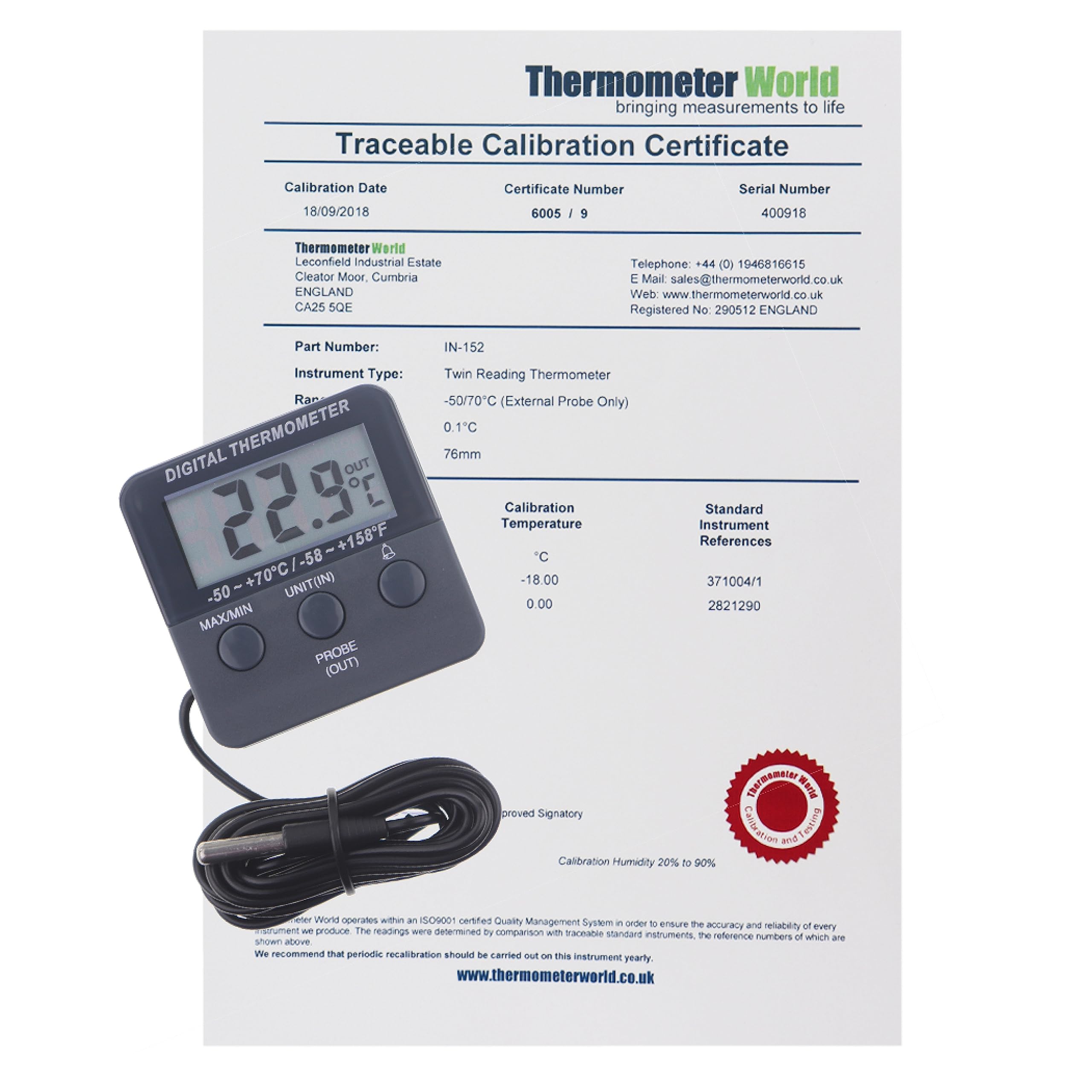 Calibrated Digital Fridge Freezer Thermometer with 2 Point Traceable Calibration Certificate
