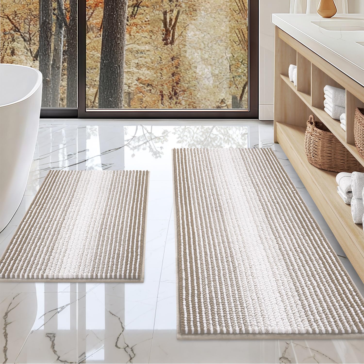 Photo 1 of BSICPRO Bathroom Rugs and Mats Sets, 2 Piece Thick Absorbent Chenille Non Slip, Soft Shaggy Floor Mats, Machine Washable (Light Taupe, 20" x 47" Plus 16" x 24")