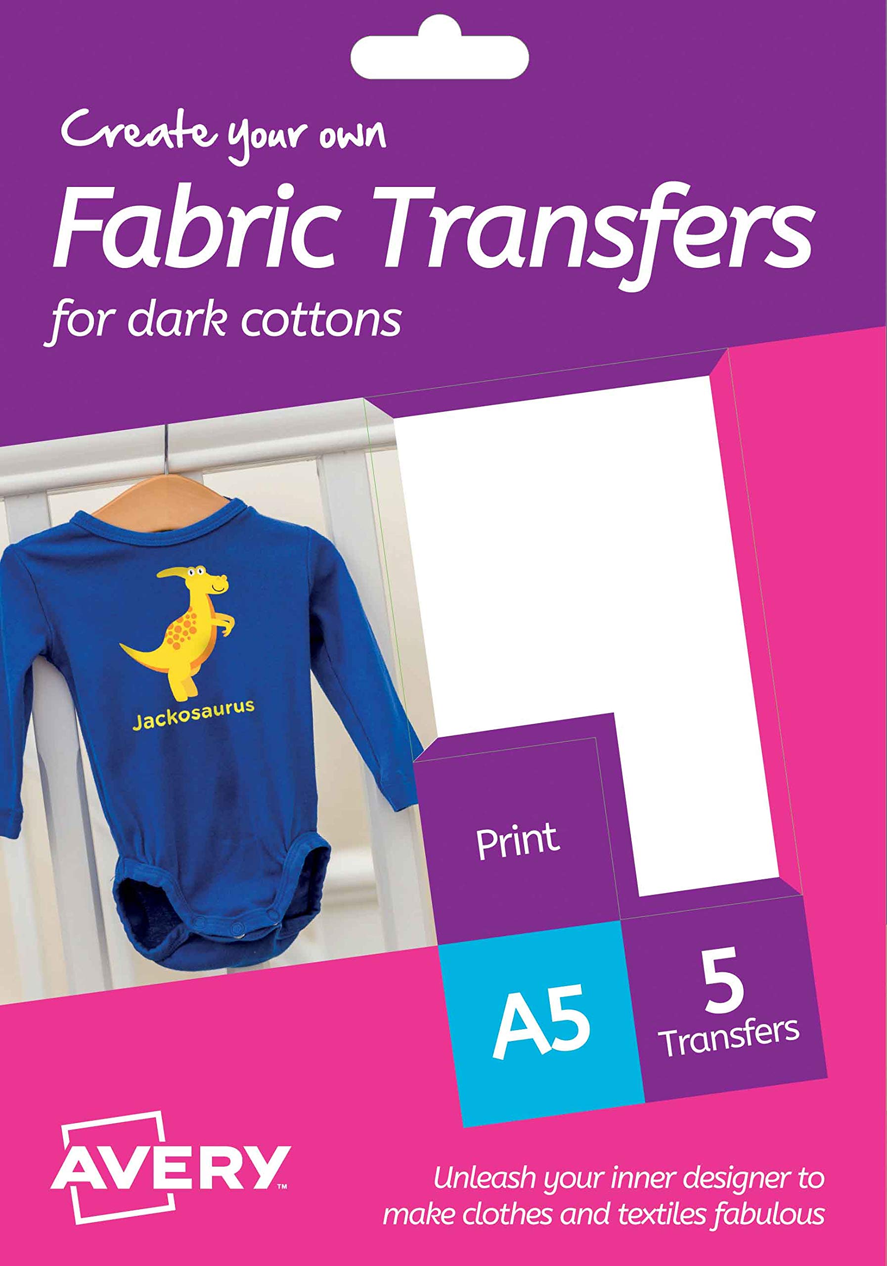Avery HTT02 Printable Fabric Transfers for Dark Cottons, 1 Transfer Per A5 Sheet