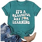 Teacher Shirts for Women It's a Beautiful Day for Learning T-Shirt Book Lovers Letter Printed Short Sleeve Tee Tops