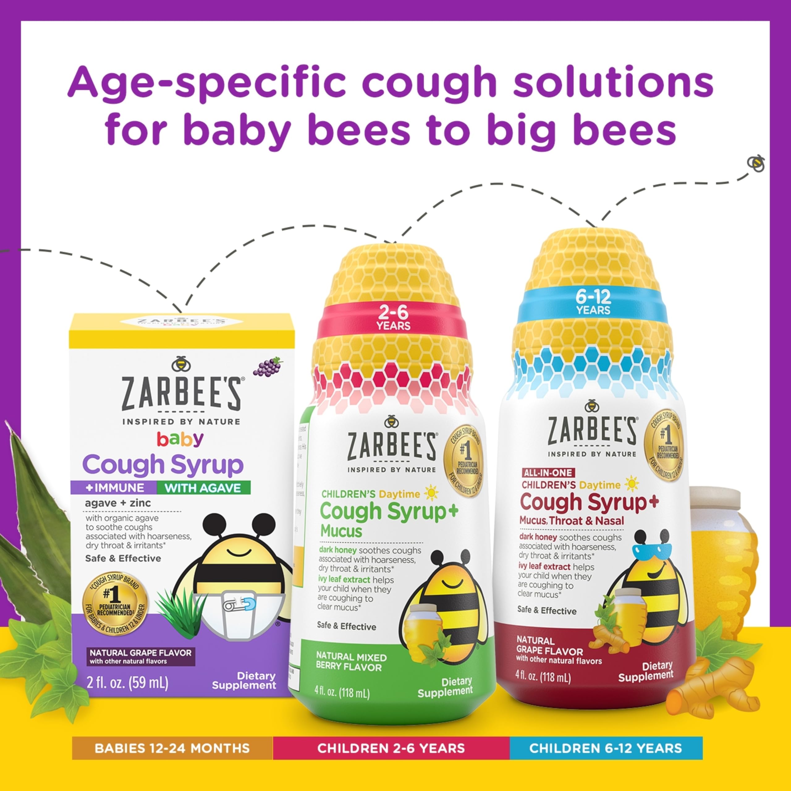 Zarbee's Children's Daytime Honey Cough Syrup + Immune for Kids 2+, Cough Syrup with Soothing Dark Honey, Real Elderberry, Vitamin D & Zinc, Drug & Alcohol-Free, Mixed Berry, 4 fl. oz