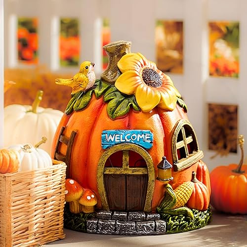 TERESA'S COLLECTIONS Autumn Decorations, Lovely Fairy Pumpkins House Ornaments with Solar Lights, Waterproof Resin Garden Ornaments Outdoor, Fairy House Fall Gifts for Women Indoor/Outdoor 13CM