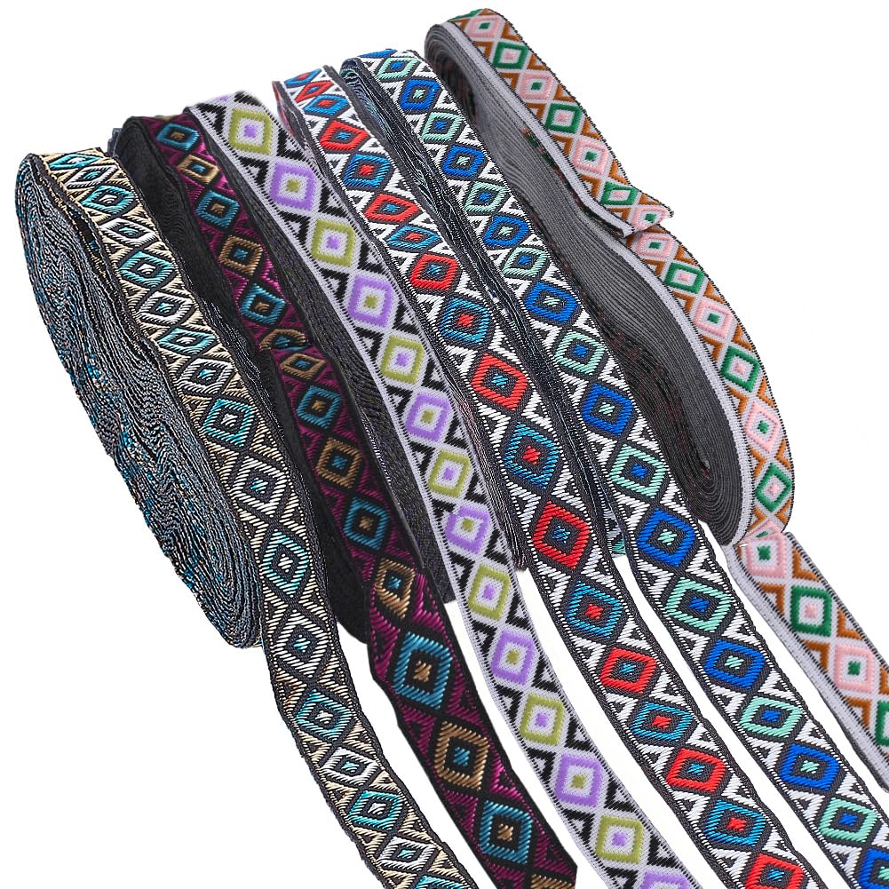 BENECREAT 6Pcs 45 Yards/41.15m Vintage Jacquard Webbing, Sewing Decorative Webbing, 0.5 Inch/12 mm Wide Mixed Colour Jacquard Trim for Sewing, Crafts and Upholstery