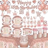 193pcs Rose Gold 18th Birthday Decorations for Girls with Tableware Set, Banner, Hanging, Tablecloth, Cupcake Topper, Centerpieces, Balloon, for Happy 18 Years Birthday Party, Serves 25