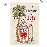 HOMETITUTE Christmas in July Garden Flag Double Sided Burlap Tropical Santa Surfboard Palm Tree Lights Summer Holiday Seasonal Outdoor Yard House Lawn Porch Patio Decoration 12x18 Inch