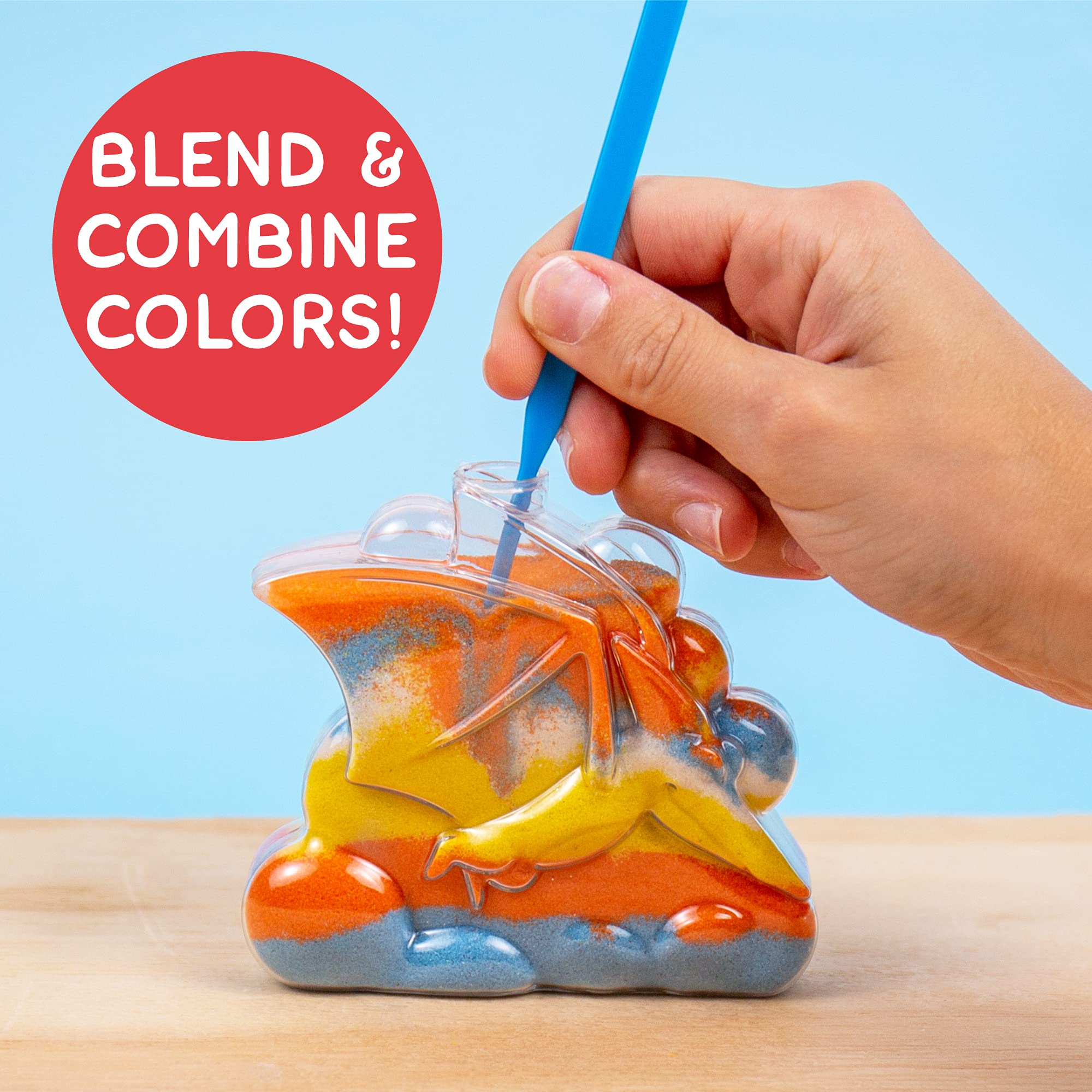 Made By Me Create Your Own Dinosaur Sand Art by Horizon Group USA, Includes 6 Dino-Themed Bottles with Caps, 8 Sand Colors, Glitter, Funnel & More, Multi