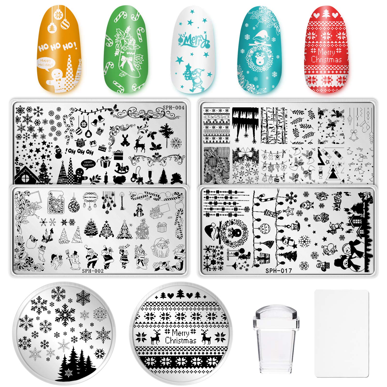 Whaline Christmas Nail Art Plates Santa Reindeer Snowflake Image Stamp Templates Stamping Kit - 6 Manicure Stencils Tool Set with 1 Polish Stamper and 1 Scraper by Salon Designs