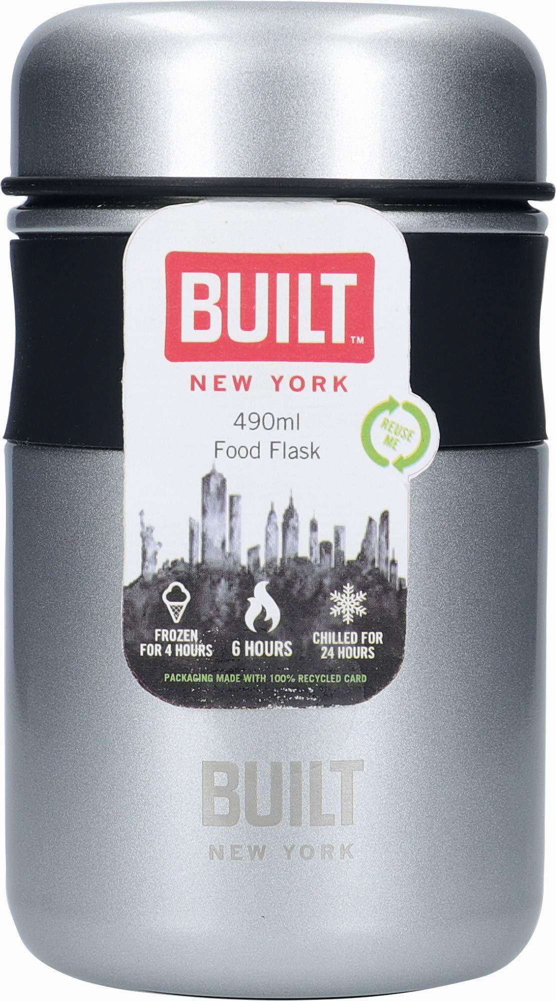 BUILT Double Wall Vacuum Insulated Food Flask for Hot and Cold Foods, Stainless Steel, Silver, 490 ml