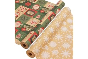 AhfuLife 2 Rolls Christmas Wrapping Paper, 17'' × 49.2' Xmas Wrapping Paper Rolls Recyclable Kraft Paper for Christmas Gift B