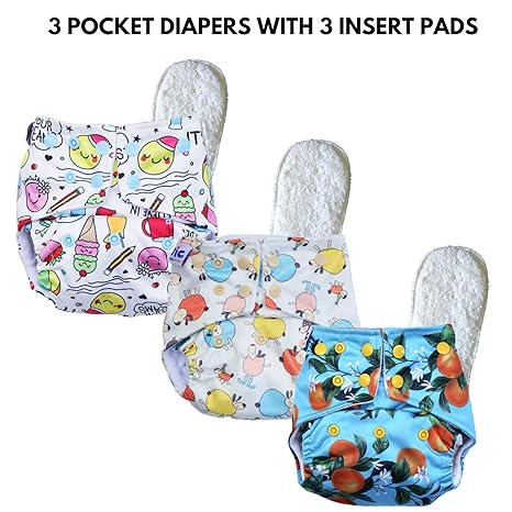 superbottoms Basic 3 Certified Soft Fleece Lined Pocket Diaper with 3 Wet-Free Insert with Snaps, 5-17 Kg (Option3) - Pack of 3