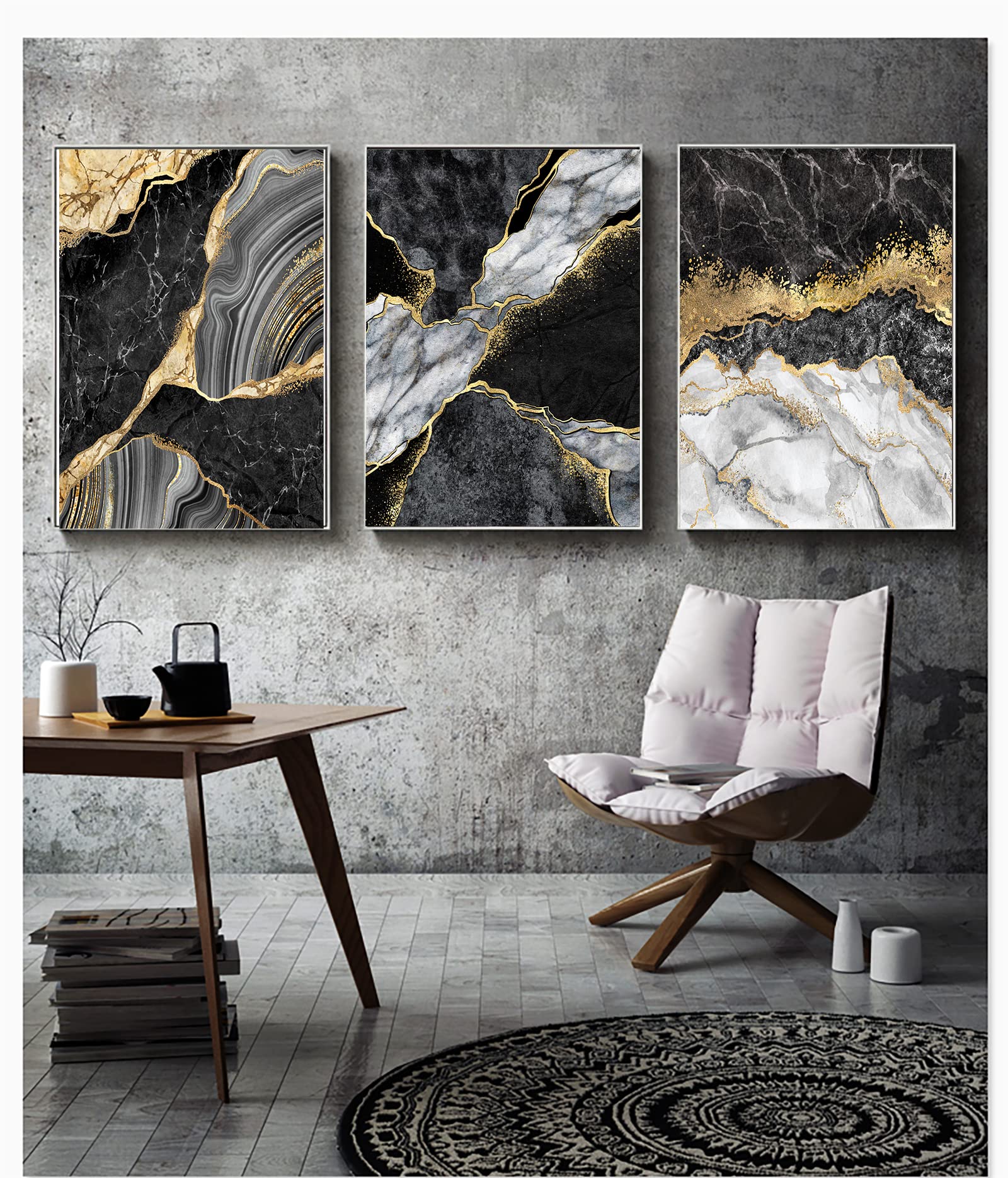 LYBOHO Wall Pictures Living Room Grey Golden Fluid Art Marble Texture Abstract Wall Art Canvas Pictures - Without Frame (Marbled 1, 3PCS-60x90cm)