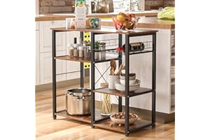 SDHYL Coffee Bar, 35 inch Bakers Rack Microwave Stand with 5 Storage Shelves Hanging Hooks, Kitchen Shelves Organizers Bakers Racks with Movable Basket, Coffee Station Table for Home Kitchen